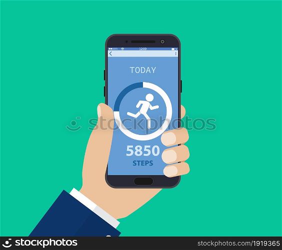 Fitness tracking app on mobile phone screen, smartphone with run tracker, running or walk steps counter sport tech on cellphone. Vector illustration in flat style. Fitness tracking app