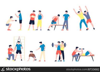 Fitness trainer. Cartoons character gym, flat trainers and man workout. Stretching and run, fit exercises. Morning gymnastic with coach, sport vector scenes. Illustration of trainer activity workout. Fitness trainer. Cartoons character gym, flat trainers and man workout. Stretching and run, fit exercises. Morning gymnastic with coach, sport recent vector scenes