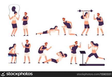 Fitness trainer. Male personal coach helps woman training, fit girl exercising with gym instructor isolated vector set. Illustration of coach training, exercise in gym, fitness sport. Fitness trainer. Male personal coach helps woman training, fit girl exercising with gym instructor isolated vector set
