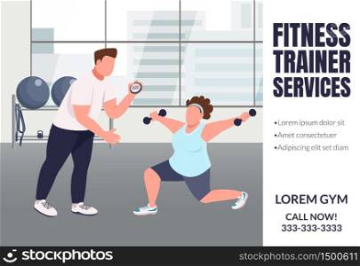 Fitness trainer services banner flat vector template. Slimming, weight loss brochure, poster concept design with cartoon characters. Sports coaching horizontal flyer, leaflet with place for text. Fitness trainer services banner flat vector template
