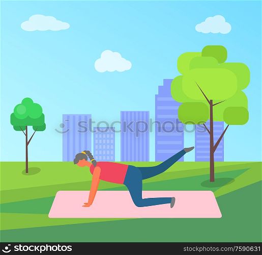 Fitness training and morning exercise, woman doing yoga in park on rug vector. Girl lifting legs on mat, outdoor workout and nature, city on horizon. Woman Doing Yoga in Park on Rug, Fitness Training