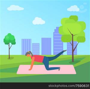 Fitness training and morning exercise, woman doing yoga in park on rug vector. Girl lifting legs on mat, outdoor workout and nature, city on horizon. Woman Doing Yoga in Park on Rug, Fitness Training