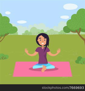 Fitness training and morning exercise, woman doing yoga in park on rug vector. Girl lin lotus position on mat, outdoor workout and nature, meadow in forest. Woman Doing Yoga in Park on rug, Fitness Training