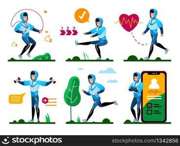 Fitness Training and Outdoor Activities Outdoor Trendy Flat Vector Isolated Concepts Set. Young Man in Sportswear Doing Rope Jumps, Squatting, Working with Dumbbells, Jogging in Park Illustrations