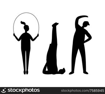 Fitness training and sport, people working out vector silhouettes. Jumping rope and candlestick exercise, bending over, men and women, healthy lifestyle. People Doing Sports Silhouettes, Fitness Exercise