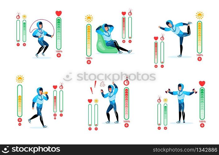 Fitness Training, Healthy Lifestyle Trendy Flat Vector Infographic Icons Set. Man in Tracksuit Doing Exercises, Drinking Water, Resting in Chair, Stamina, Time and Heartbeat Indicators Illustrations