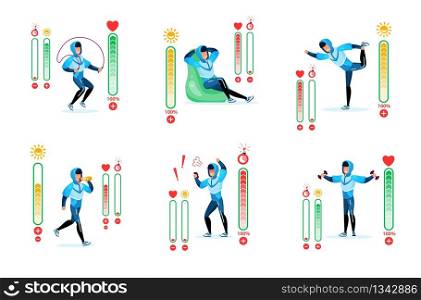 Fitness Training, Healthy Lifestyle Trendy Flat Vector Infographic Icons Set. Man in Tracksuit Doing Exercises, Drinking Water, Resting in Chair, Stamina, Time and Heartbeat Indicators Illustrations