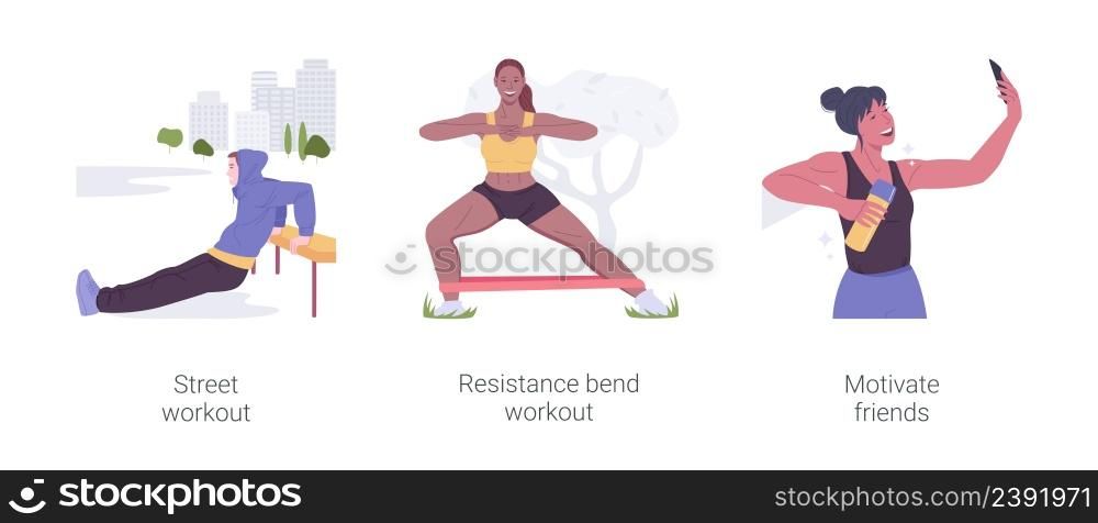Fitness training isolated cartoon vector illustrations set. Street workout, resistance bend workout, motivate friends for healthy and active lifestyle, fitness elastic band vector cartoon.. Fitness training isolated cartoon vector illustrations set.