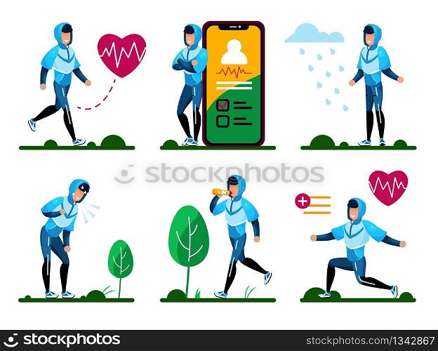 Fitness Training, Outdoor Physical Activities, Active Life Routines Trendy Flat Vector Isolated Concepts Set. Young Man in Tracksuit Doing Exercises, Planning Workout with Cellphone Illustrations