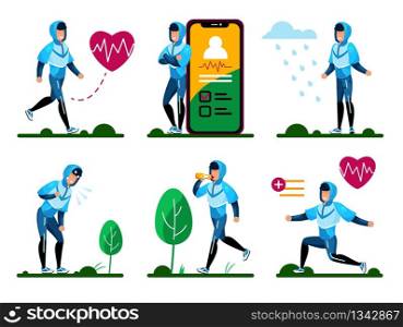 Fitness Training, Outdoor Physical Activities, Active Life Routines Trendy Flat Vector Isolated Concepts Set. Young Man in Tracksuit Doing Exercises, Planning Workout with Cellphone Illustrations