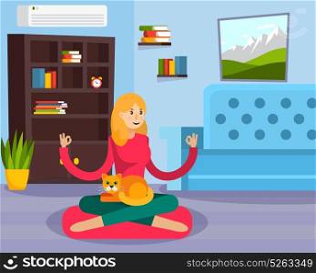 Fitness Training People Composition. Colored flat fitness training people composition with young woman practicing yoga at home with red cat vector illustration