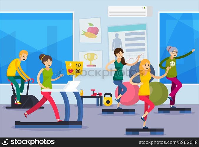 Fitness Training People Orthogonal Composition. Colored flat fitness training people orthogonal composition with people at gym workout vector illustration
