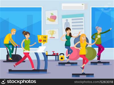 Fitness Training People Orthogonal Composition. Colored flat fitness training people orthogonal composition with people at gym workout vector illustration