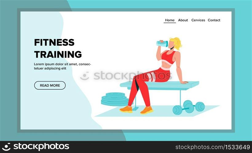 Fitness Training With Sport Tool In Gym Vector. Young Woman Drink Protein Cocktail From Shaker After Fitness Training. Sportive Girl Drinking Refreshment Beverage. Web Flat Cartoon Illustration. Fitness Training With Sport Tool In Gym Vector