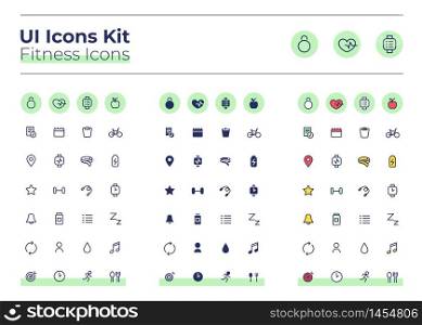 Fitness UI icons kit. Gym thin line, glyph and color vector symbols set. Cardio workout schedule. Training goal. Sport mobile app buttons in green circles pack. Web design elements collection. Fitness UI icons kit
