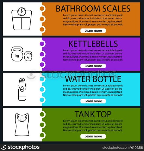 Fitness web banner templates set. Sport equipment. Bathroom scales, kettlebells, water bottle, tank top. Website color menu items with linear icons. Vector headers design concepts. Fitness web banner templates set