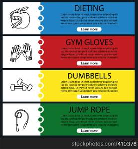 Fitness web banner templates set. Sport equipment. Dieting, gym gloves, dumbbells, jump rope. Website color menu items with linear icons. Vector headers design concepts. Fitness web banner templates set