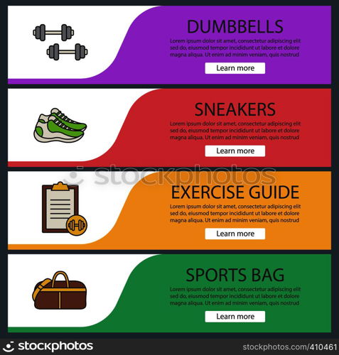 Fitness web banner templates set. Sport equipment. Dumbbells, sneakers, exercise guide, duffle handbag. Website color menu items. Vector headers design concepts. Fitness web banner templates set