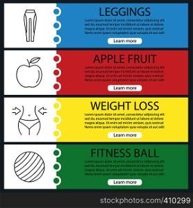 Fitness web banner templates set. Sport equipment. Leggings, apple, weight loss, fitball. Website color menu items with linear icons. Vector headers design concepts. Fitness web banner templates set