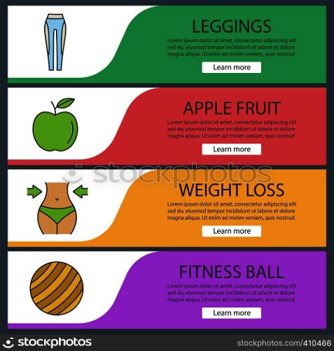 Fitness web banner templates set. Sport equipment. Leggings, apple, weight loss, fitball. Website color menu items. Vector headers design concepts. Fitness web banner templates set