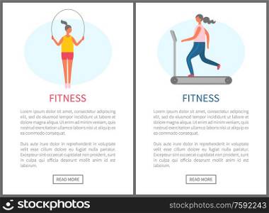 Fitness webpage decorated by girl with jump rope, and running woman on treadmill, cardio training, strong people lose weight, website of sport vector. Website Cardio Training of Women, Fitness Vector