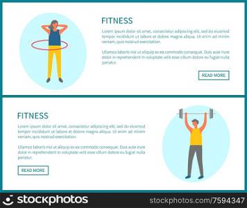 Fitness webpage decorated by sporty man with dumbbell and woman with hoop, portrait view of people doing exercise, lose weight and pumping muscles vector. Lose Weight and Pumping Muscles, Fitness Vector