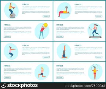 Fitness webpage set, strong people pumping muscles and lose weight, portrait view of people doing exercise, website of healthy lifestyle and sport vector. Healthy People Lifestyle, Fitness Webpage Vector