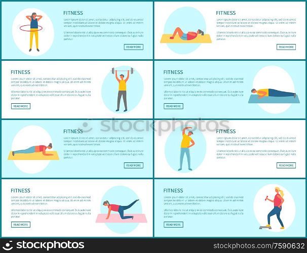 Fitness webpage set, strong people pumping muscles and lose weight, portrait view of people doing exercise, website of healthy lifestyle and sport vector. Healthy People Lifestyle, Fitness Webpage Vector