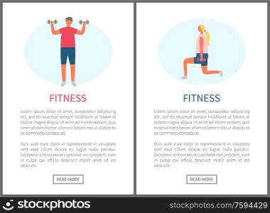 Fitness website vector, man with dumbbells and woman doing squats training. Butt and muscles improvement, weight loss and strengthening of organism. Fitness People Man and Woman Weightlifting Website