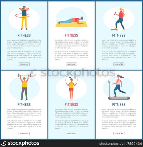 Fitness websites vector, people in gym losing weight and keeping fit. Man and woman using hoop, running machine and map, dumbbells and heavy barbell. Fitness Activities of People in Gym, Website Set