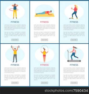 Fitness websites vector, people in gym losing weight and keeping fit. Man and woman using hoop, running machine and map, dumbbells and heavy barbell. Fitness Activities of People in Gym, Website Set