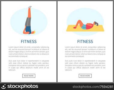 Fitness websites with people working out vector, man and woman in one position. Crunches and yoga pose, training and exercises for body improvement. Fitness Exercises, Yoga and Gym Gymnastics Set