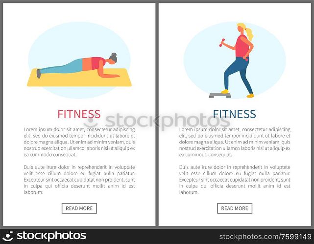 Fitness woman, planking and biceps improvement set of websites. Plank on mat, active lifestyle of training people, sporting and crossfit, keeping fit. Fitness People, Training in Gym, Active Woman