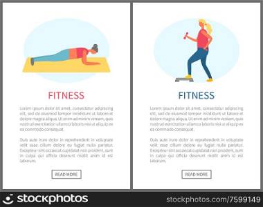 Fitness woman, planking and biceps improvement set of websites. Plank on mat, active lifestyle of training people, sporting and crossfit, keeping fit. Fitness People, Training in Gym, Active Woman