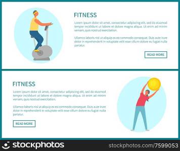 Fitness working out people vector, website with text, woman using inflatable ball for flexibility. Man sitting on bicycle stationary machine web page. Fitness Exercises Website, People with Ball Set
