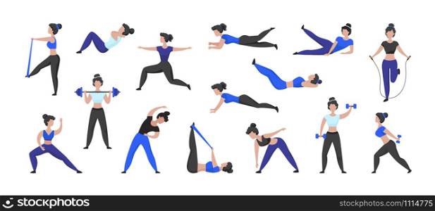 Fitness workout. Cartoon woman character doing sport exercises and training in gym, isolated female character. Vector set isolated illustration active women in fitness lifestyle. Fitness workout. Cartoon woman character doing sport exercises and training in gym, isolated female character. Vector set