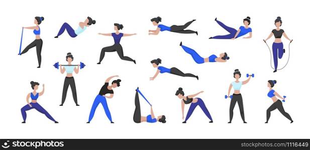 Fitness workout. Cartoon woman character doing sport exercises and training in gym, isolated female character. Vector set isolated illustration active women in fitness lifestyle. Fitness workout. Cartoon woman character doing sport exercises and training in gym, isolated female character. Vector set