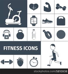 Fitness workout equipment and healthy life style activities and accessories black icons set abstract isolated vector illustration. Fitness icons black set