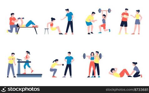 Fitness workout with trainer. Physical exercises with coach, young fit athlete stretching. Gym athletic scenes, healthy sport training vector characters. Illustration of fitness exercise trainer. Fitness workout with trainer. Physical exercises with coach, young fit athlete stretching. Gym athletic scenes, healthy sport training recent vector characters