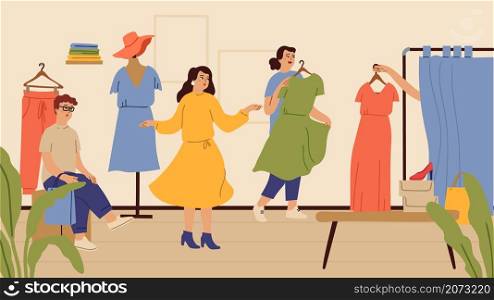 Fitting room. Fashion store or outlet, girls shopping time. Woman in dress, sale in boutique vector illustration. Fashion clothing store, trendy retail boutique. Fitting room. Fashion store or outlet, girls shopping time. Woman in dress, sale in boutique vector illustration