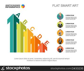 Five arrows financial process chart template for presentation. Vector illustration. Abstract elements of diagram, graph. Goal, banking, business or teamwork concept for infographic, report.