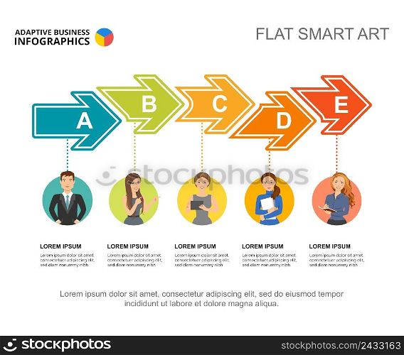 Five arrows process chart template. Business data. Abstract elements of diagram, graphic. Review, research, marketing or teamwork creative concept for infographic, project layout.
