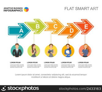 Five arrows process chart template. Business data. Abstract elements of diagram, graphic. Review, research, marketing or teamwork creative concept for infographic, project layout.