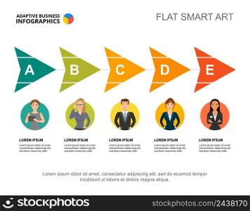 Five arrows process chart template for presentation. Vector illustration. Diagram, graph, infochart. Vision, strategy, planning or marketing concept for infographic, report.