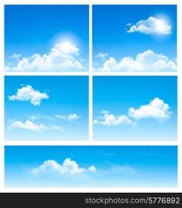 Five backgrounds of blue sky with clouds. Vector.
