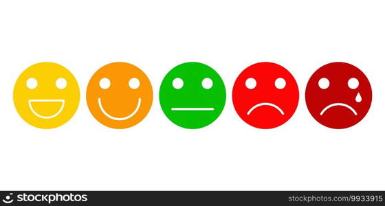 Five basic emotions emoji expressions. Scale from positive to negative. Good for customer opinion survey buttons. Vector illustration isolated on white background.