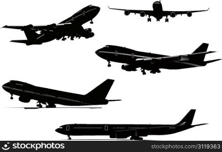 Five black and white Airplane silhouettes. Vector illustration