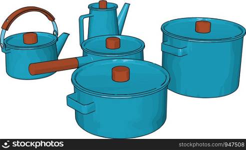 Five blue colored kitchen utensils used for keeping eatables for short duration after preparing food vector color drawing or illustration