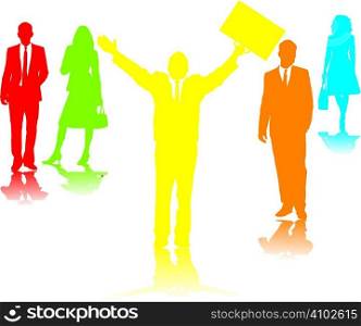 Five business people in different colors in silhouette