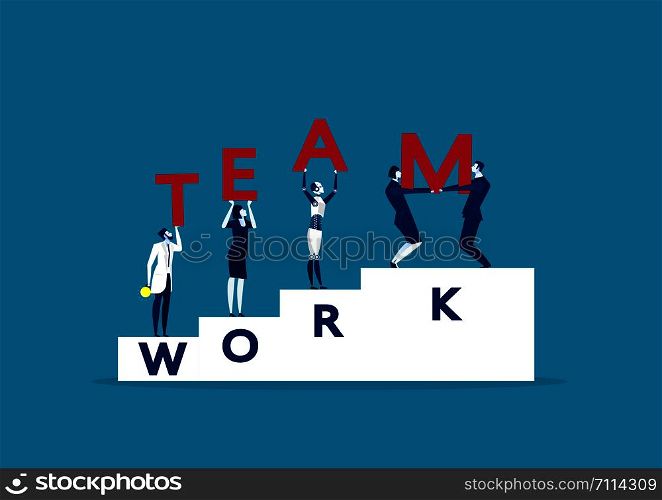 five businessmen holding teamwork word. Team work business partnership management and collaboration concept. vector
